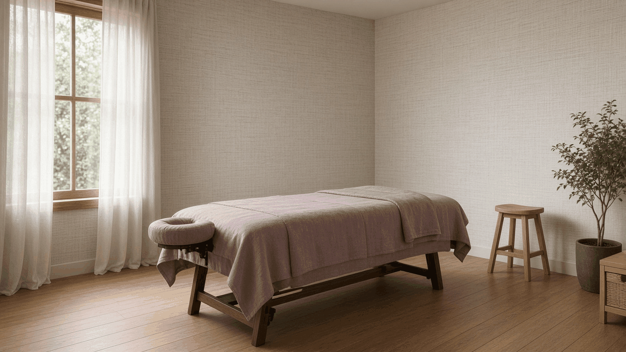 Empty treatment room with a mauve linen table, wood floor, and a window.