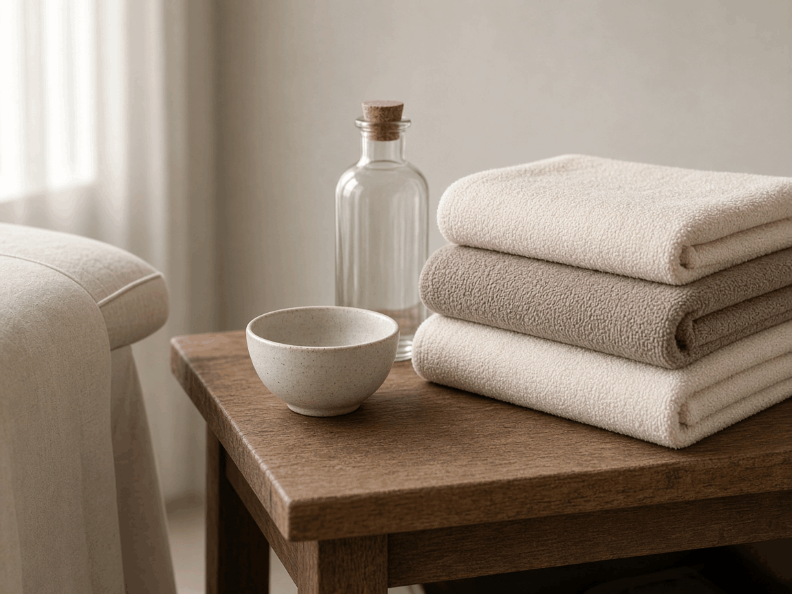 Folded towels and a small bowl on a wood side table.